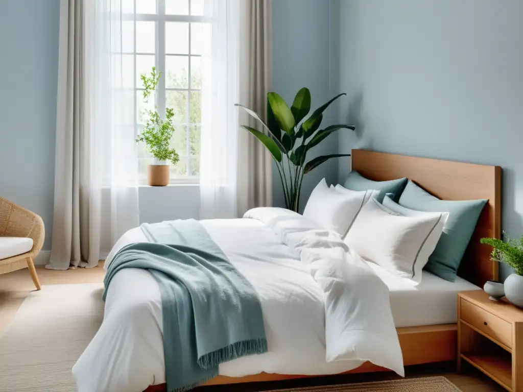 Dormitorio sereno con paleta de colores Feng Shui, cama blanca y toques de azul y verde, bañado en luz natural