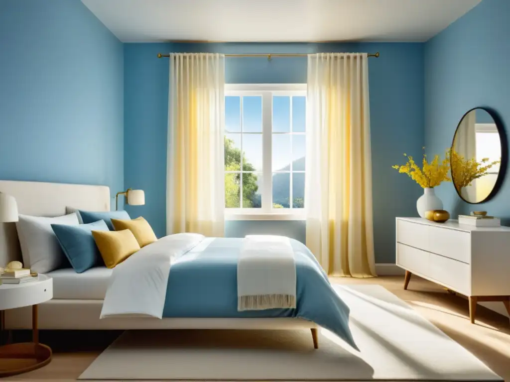 Un dormitorio sereno con paredes azul claro, muebles blancos y toques amarillos, creando una atmósfera pacífica con psicología del color en feng shui