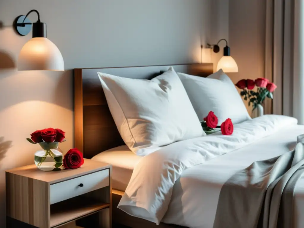 Un dormitorio sereno con toques de Feng Shui para armonizar amor, luz suave, cama blanca y rosas rojas frescas