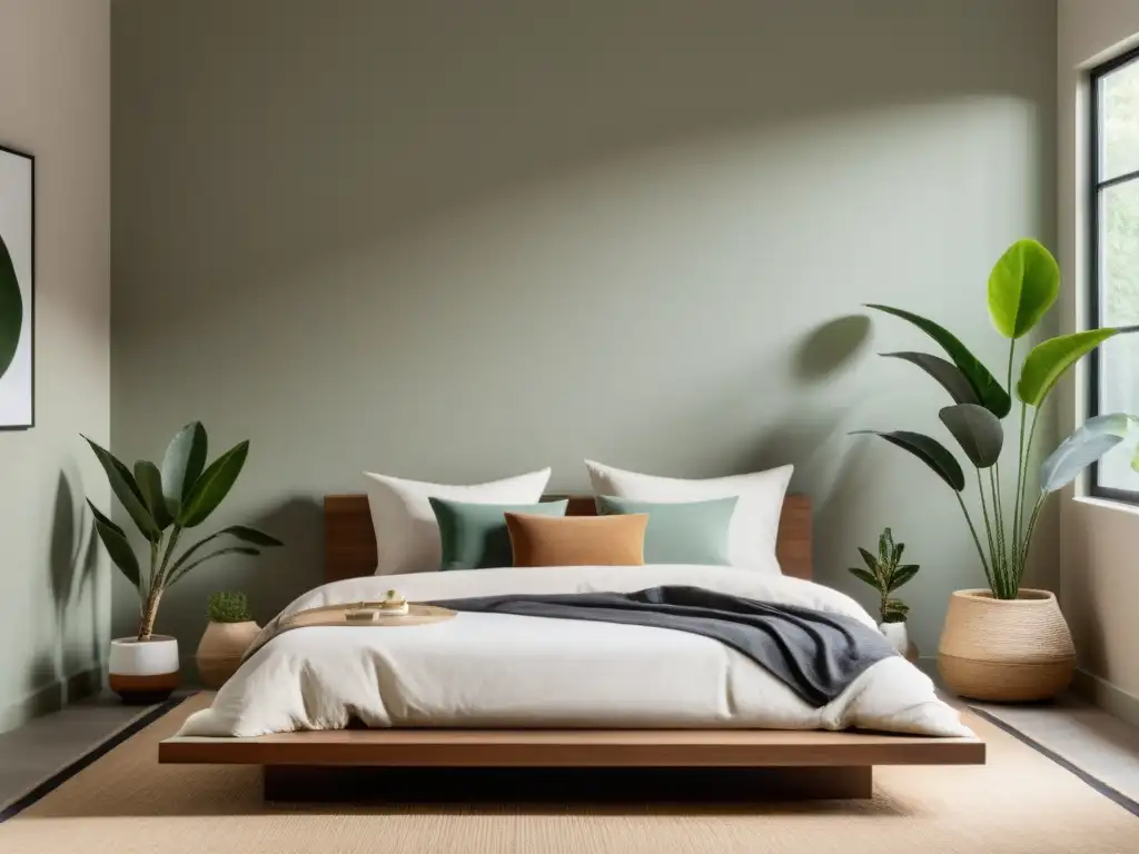 Armonización dormitorio Feng Shui con tonos terrosos suaves, cama baja y plantas en el alféizar