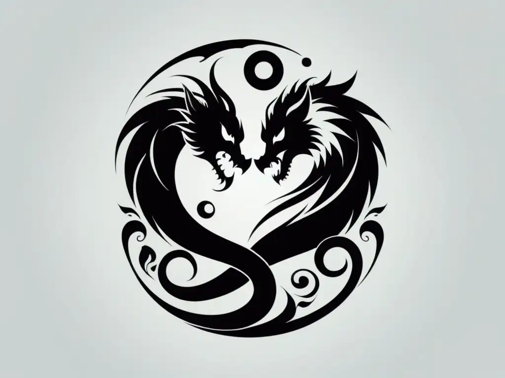 Un dragón y un fénix entrelazados en una ilustración minimalista en tinta negra sobre fondo blanco, simbolismo animal en Feng Shui