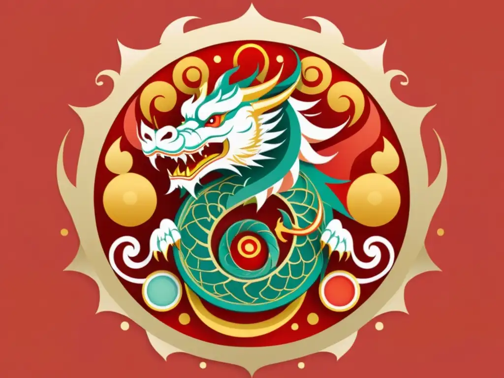 Un dragón majestuoso en el Feng Shui, protección y prosperidad en una ilustración minimalista con detalles vibrantes y dinámicos