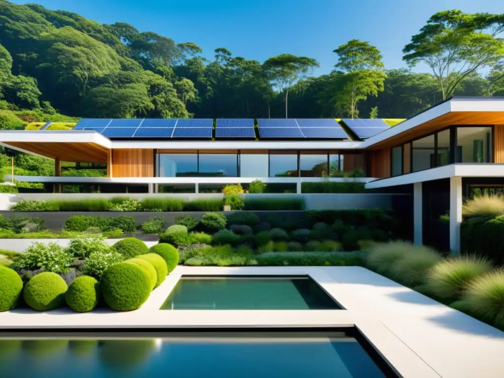 Edificio ecológico con diseño Feng Shui, paneles solares y jardines bien cuidados, transmitiendo armonía y Feng Shui huella ecológica