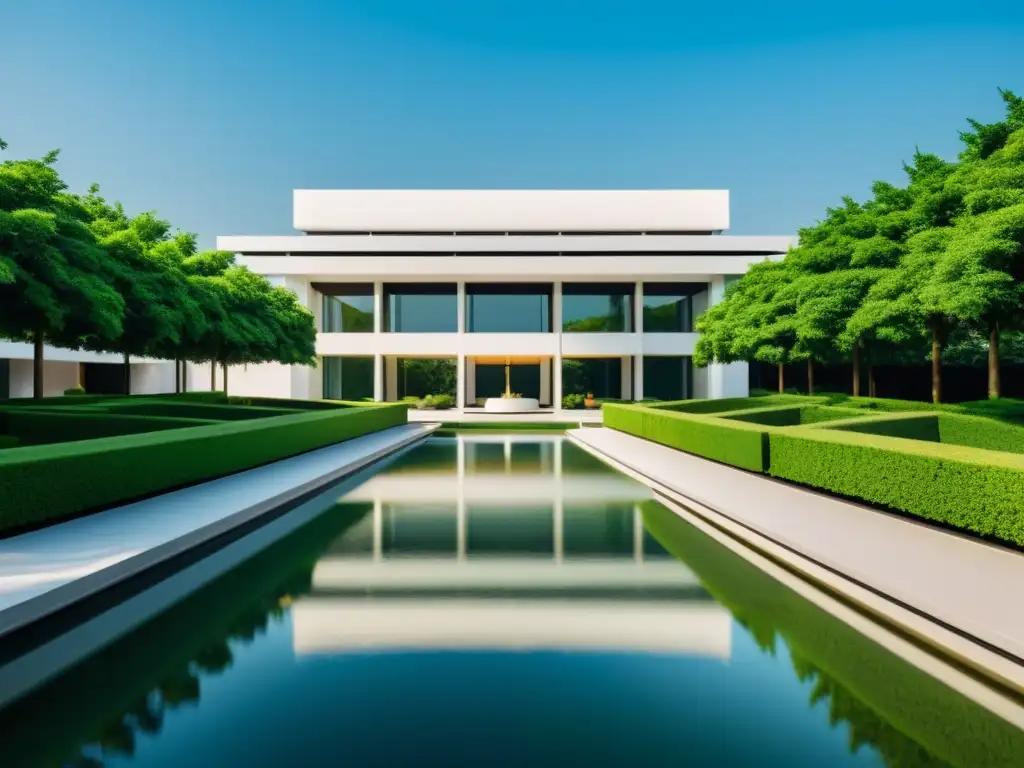 Edificio de embajada con jardines armoniosos y agua tranquila, reflejando el Feng Shui en embajadas