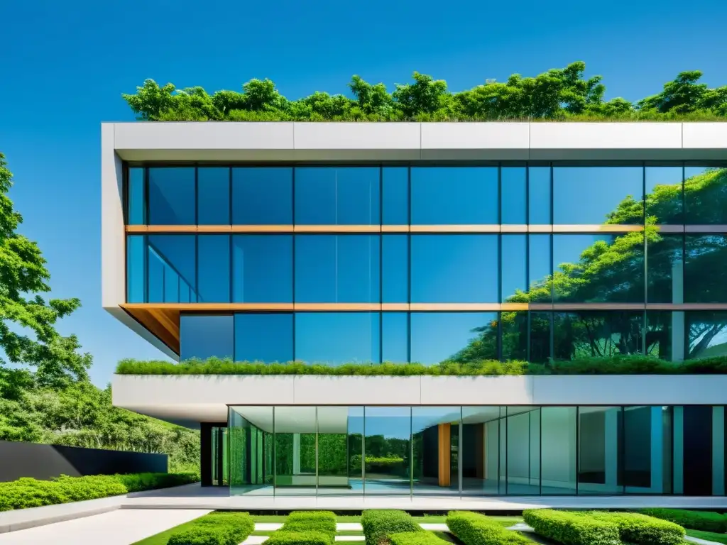 Edificio de oficinas moderno y sostenible con Feng Shui, rodeado de naturaleza y líneas limpias