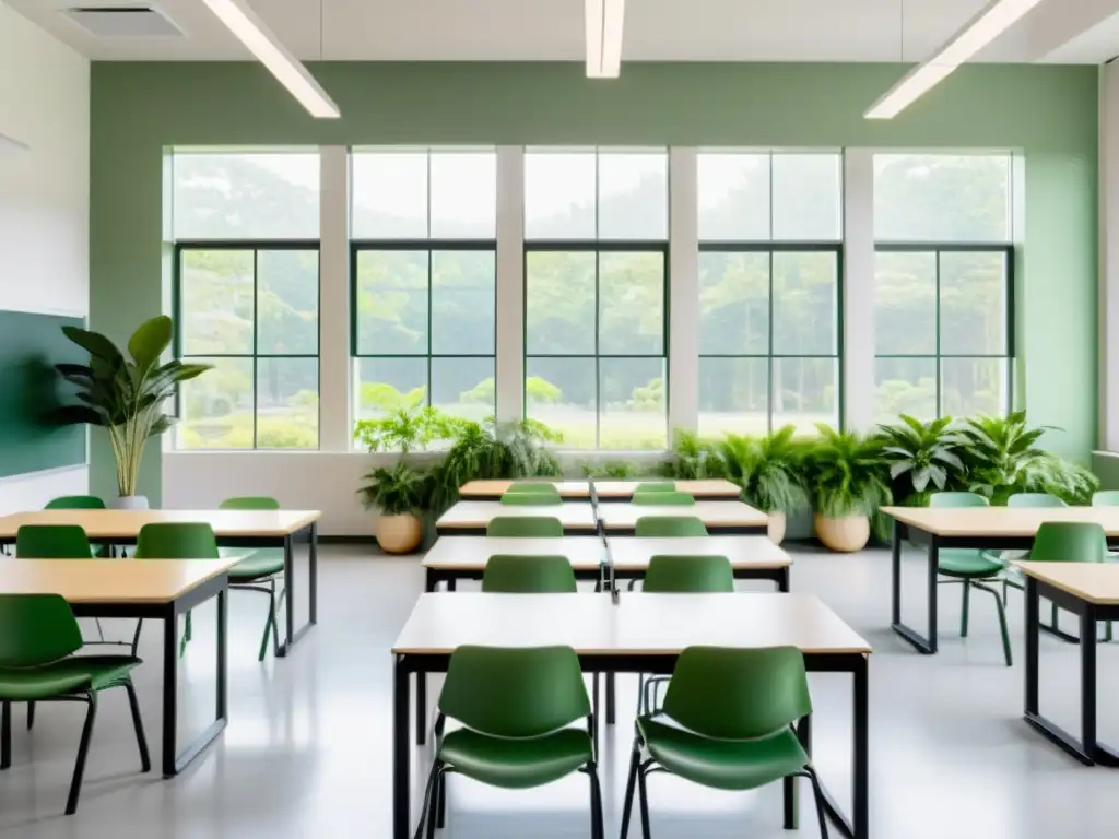 Feng Shui en diseño educativo: Aula serena con armonía, luz natural y plantas para promover equilibrio y crecimiento