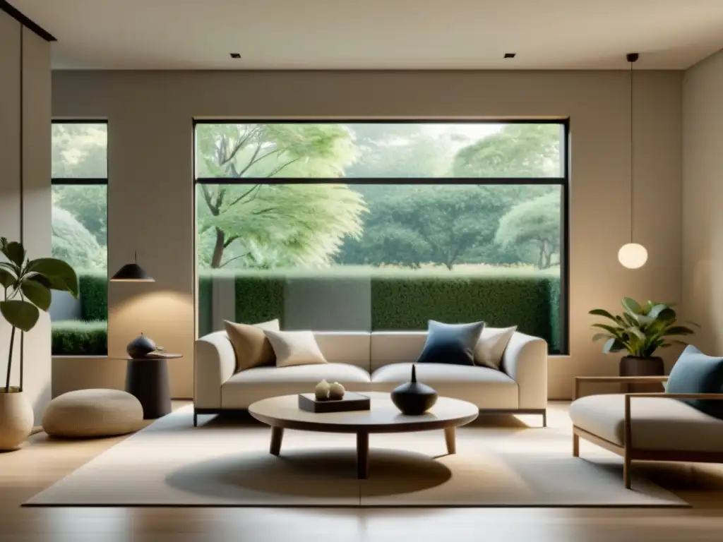 Salón minimalista con vista al jardín: armonía y elegancia Efecto Mariposa en Decoración Feng Shui: Sala de estar minimalista con vista al jardín, decoración armoniosa y luz natural