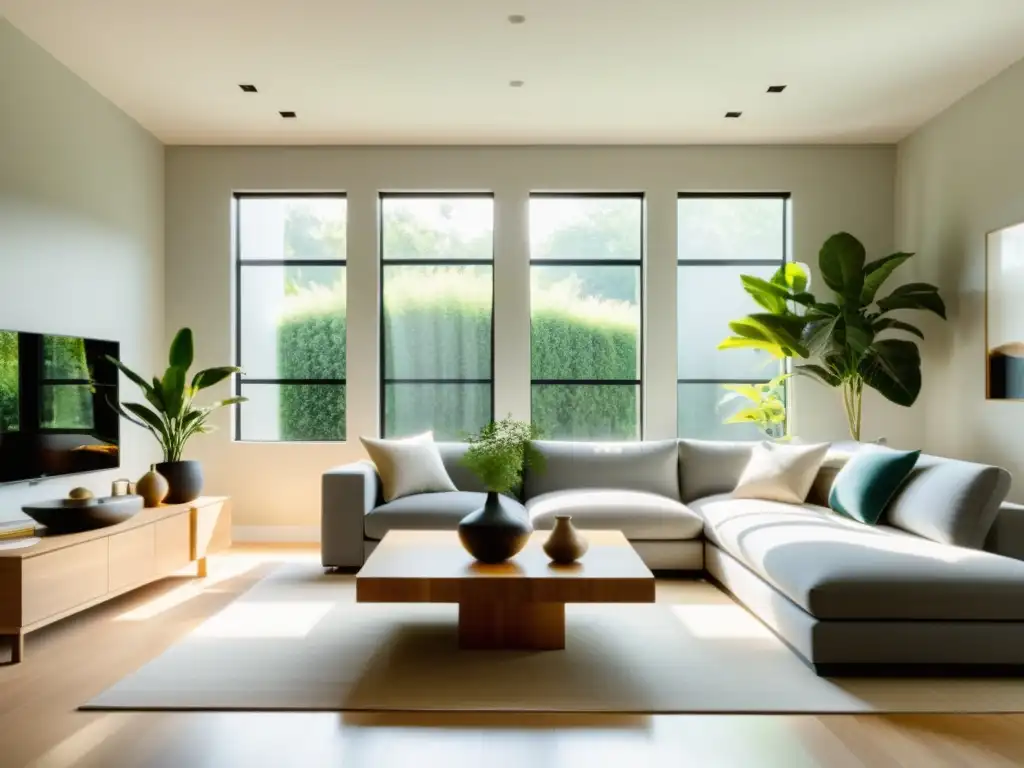 Modern sala con Feng Shui para eficiencia energética, plantas y luz natural