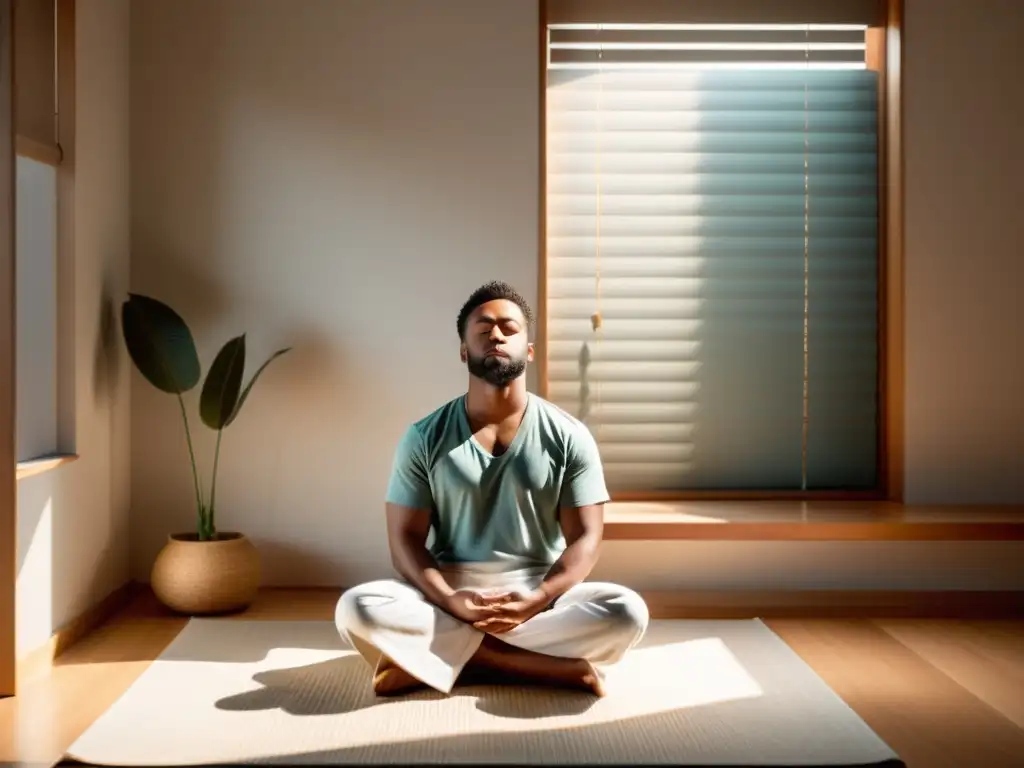 Ejercicios de meditación para energía positiva: persona en calma meditando bajo luz natural, emanando serenidad y concentración