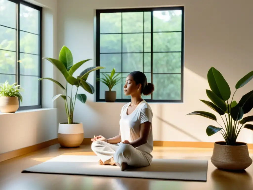 Ejercicios de Mindfulness para armonizar el hogar: Sala minimalista con luz natural, plantas y meditación serena