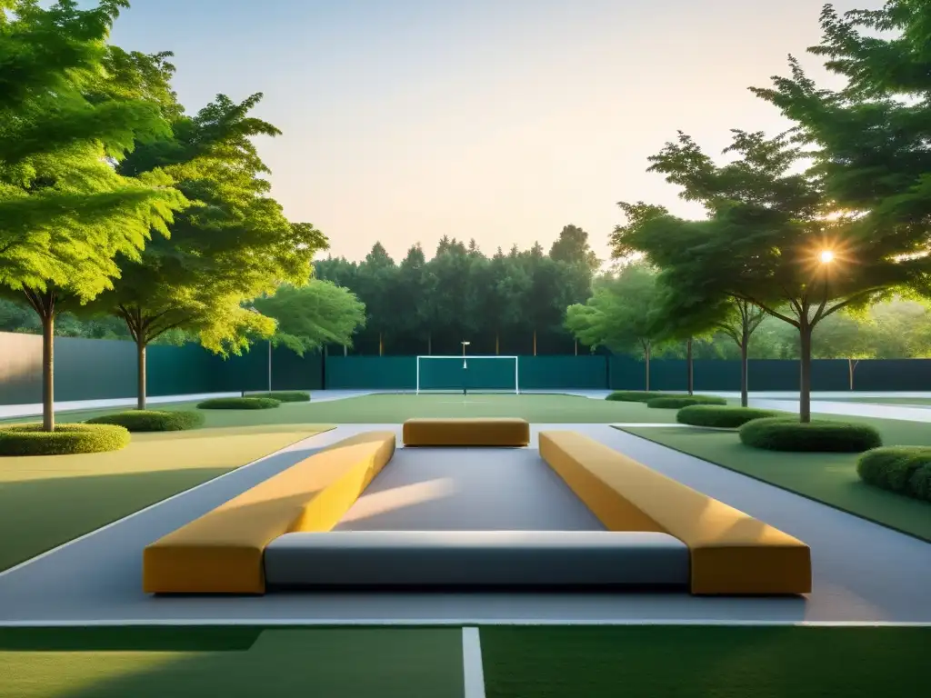 Un elegante campo deportivo en una plaza, armonía y equilibrio rodeado de naturaleza