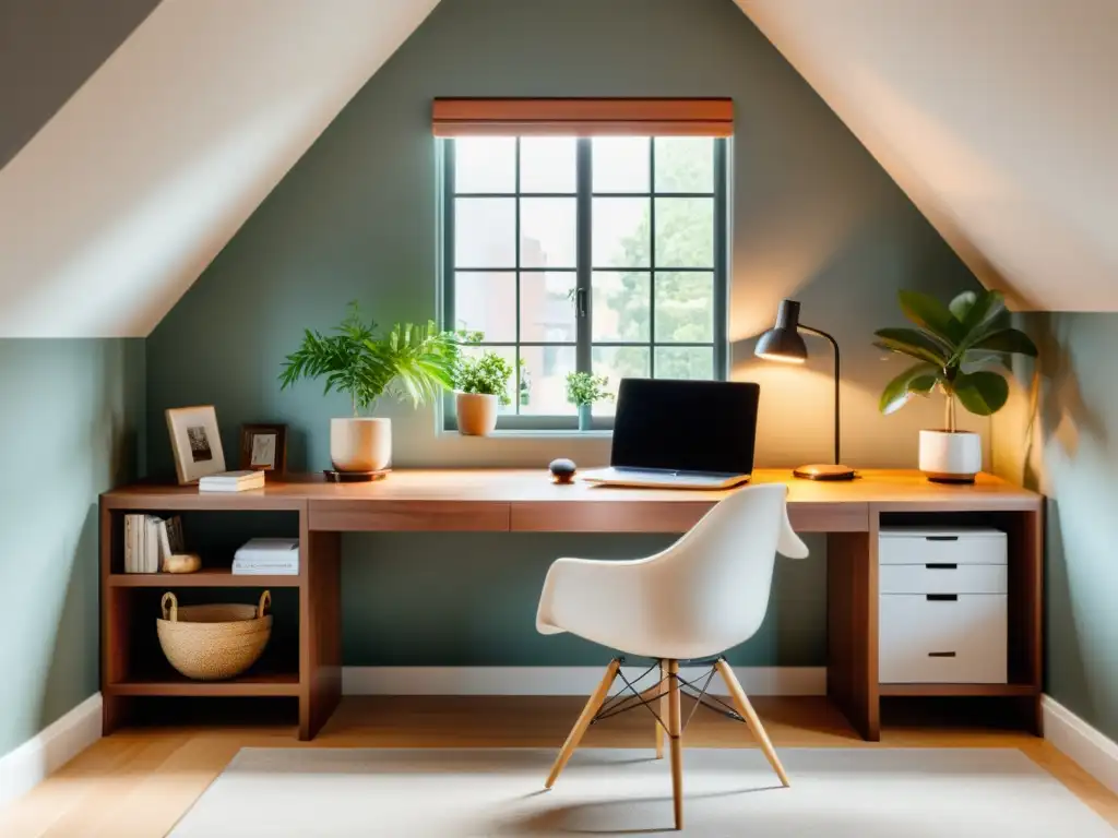 Un elegante espacio de trabajo en casa con equilibrio y armonía, inspirado en el Feng Shui para oficina en casa