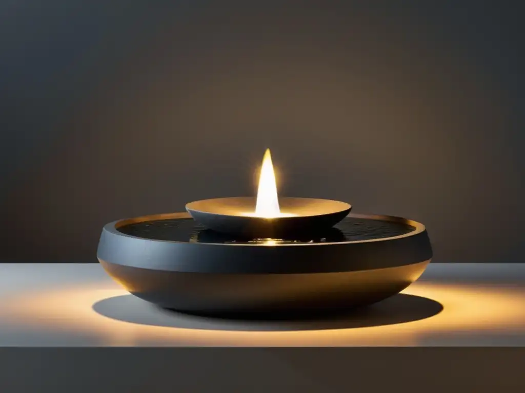 Una elegante fuente de mesa con construcción de piedra oscura y cascada de agua para una atmósfera tranquila
