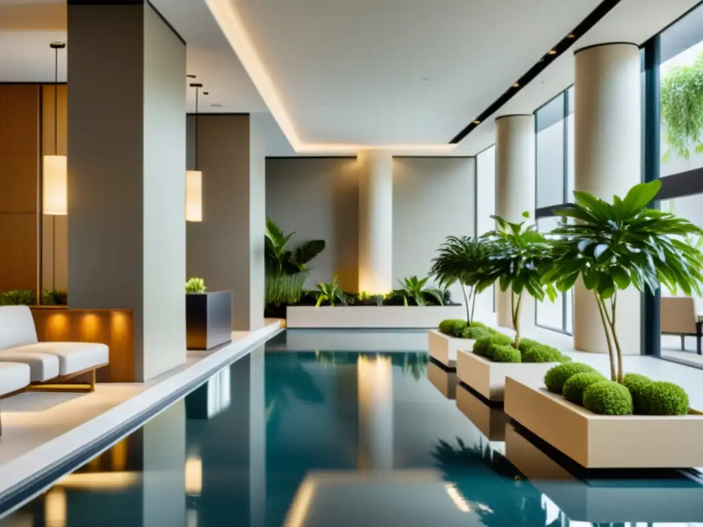 Un elegante lobby de hotel con diseño Feng Shui, agua y plantas, creando armonía y tranquilidad