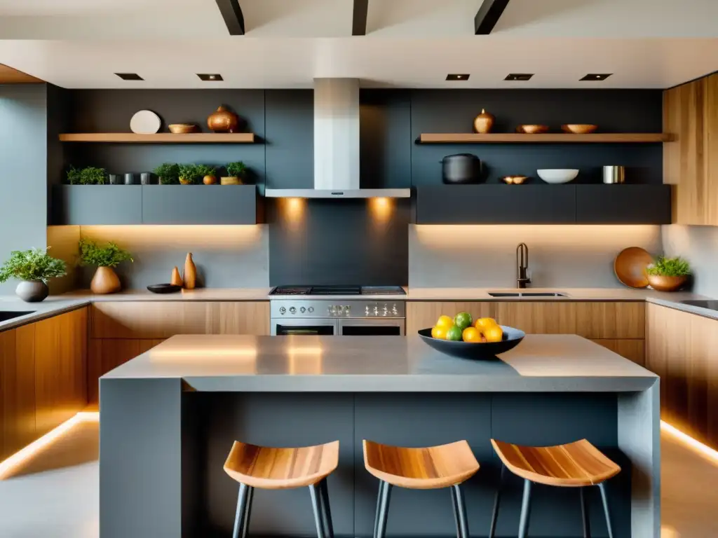 Un elegante y minimalista diseño de cocina equilibrada con los cinco elementos del Feng Shui: madera, fuego, tierra, metal y agua