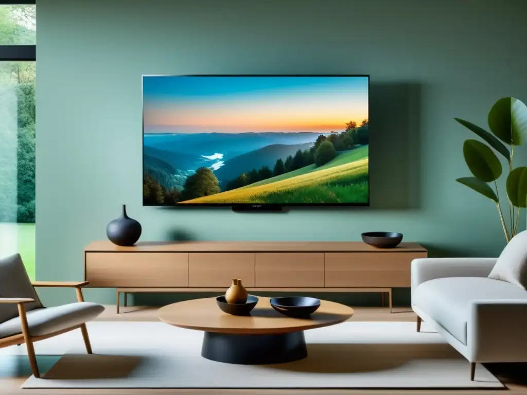 Una elegante Smart TV montada en la pared en un salón armonioso con diseño Feng Shui