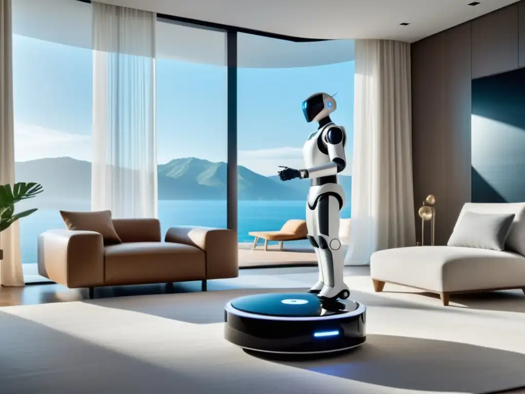 Un elegante robot de limpieza integrado en un salón minimalista con elementos de Feng Shui, creando armonía y equilibrio