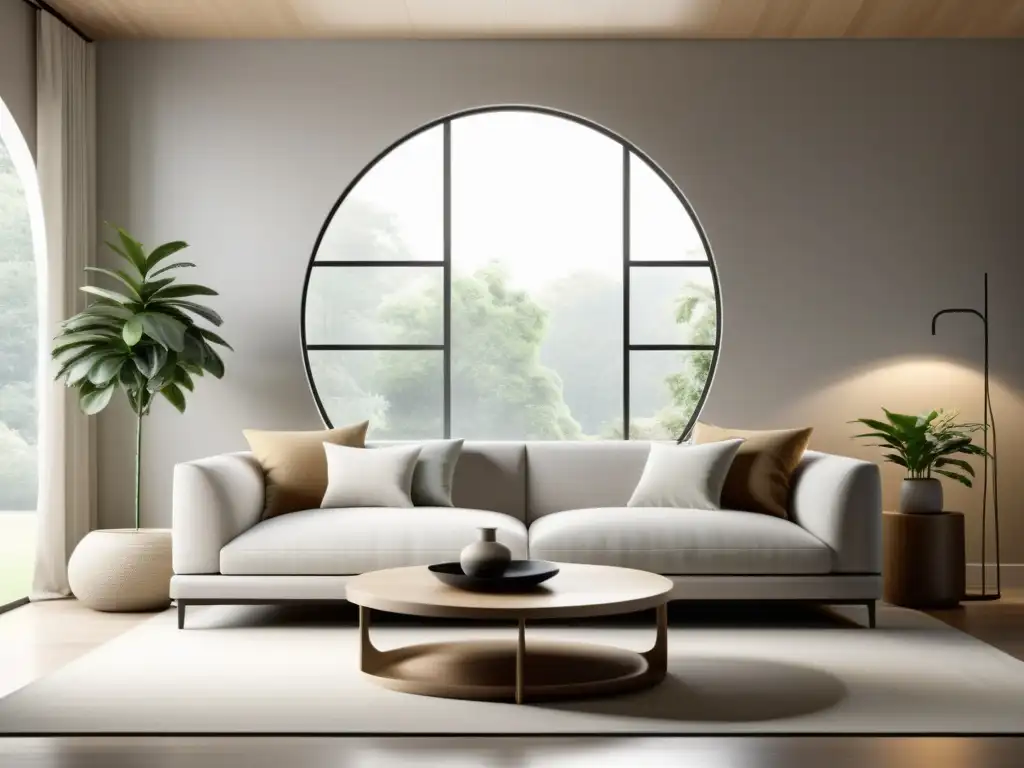 Sala minimalista con equilibrio Feng Shui y tranquilidad Elegante sala de estar con elementos equilibrados de Feng Shui