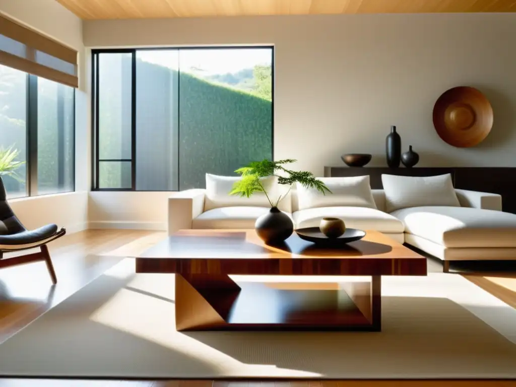 Salón minimalista con mesa de madera y elementos Feng Shui Una elegante sala minimalista con una mesa de café de madera pulida y elementos Feng Shui