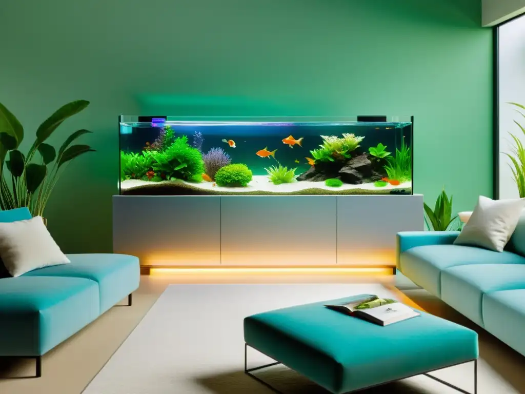 Un elegante salón con un acuario rectangular como punto focal