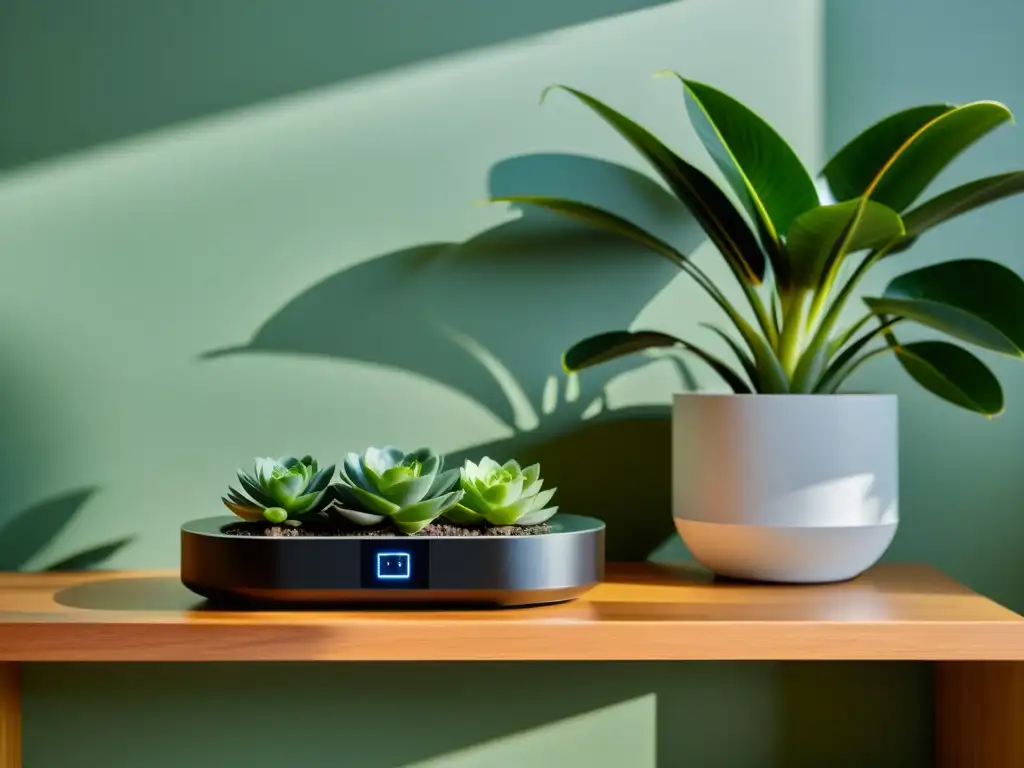 Un elegante sensor ambiental Feng Shui para el hogar, integrado armoniosamente en un espacio moderno y tranquilo con plantas y luz natural suave