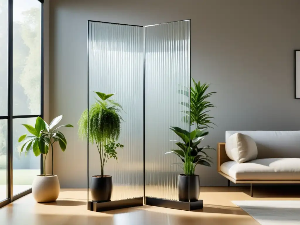 Un elegante separador de ambientes transparente y moderno protege el espacio sin bloquear energía, permitiendo fluir la luz natural