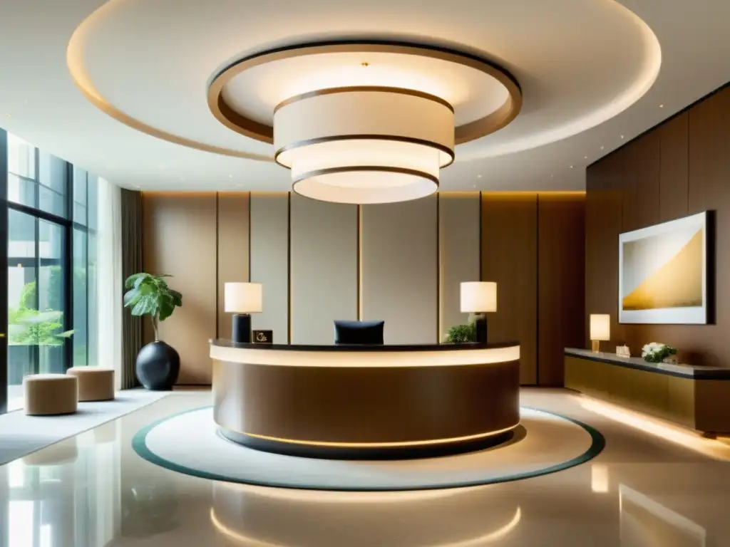 Lobby de hotel minimalista con luz natural y decoración Feng Shui Un elegante vestíbulo de hotel boutique con decoración Feng Shui y optimización del Chi, bañado por luz natural