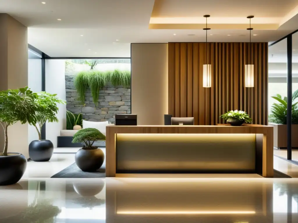 Tranquila elegancia en el lobby del hotel boutique Un elegante vestíbulo de hotel boutique con luz natural y un jardín interior tranquilo, ideal para la optimización del Chi en hoteles boutique