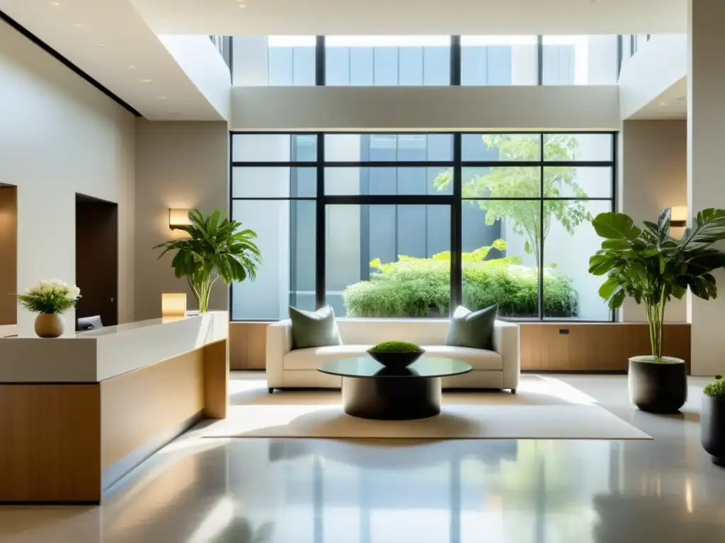 Lobby minimalista: armonía y tranquilidad en un hotel boutique Un elegante vestíbulo de hotel boutique con optimización del Chi, mobiliario moderno y plantas en macetas, inunda de tranquilidad y equilibrio