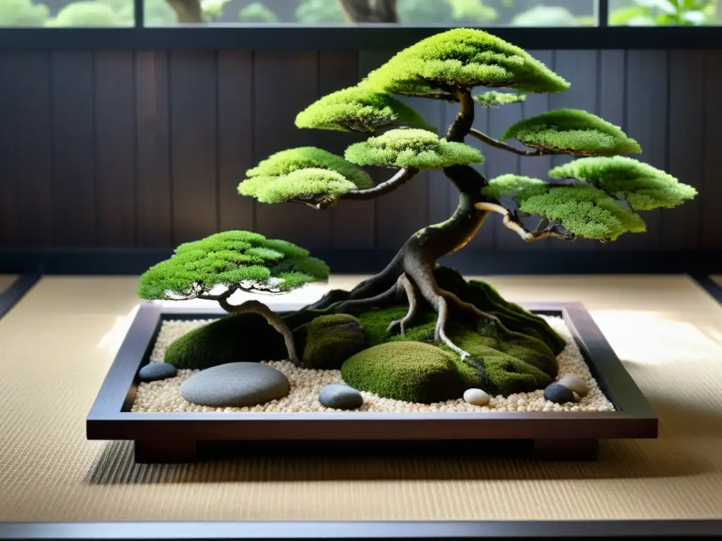 Jardín zen con elementos decorativos feng shui: grava, bonsáis y armonía en paneles de madera oscura