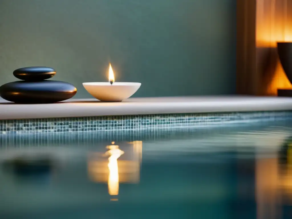 Elementos sensoriales en Feng Shui: Imagen de un spa sereno con diseño minimalista, agua tranquila y luces suaves que evocan calma y serenidad