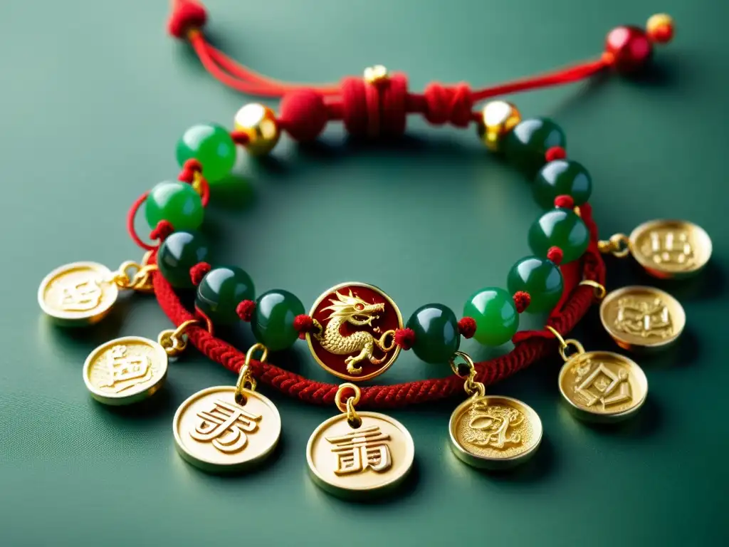 Un encantador brazalete chino de la suerte con amuletos de jade y monedas doradas, iluminado por la suave luz natural