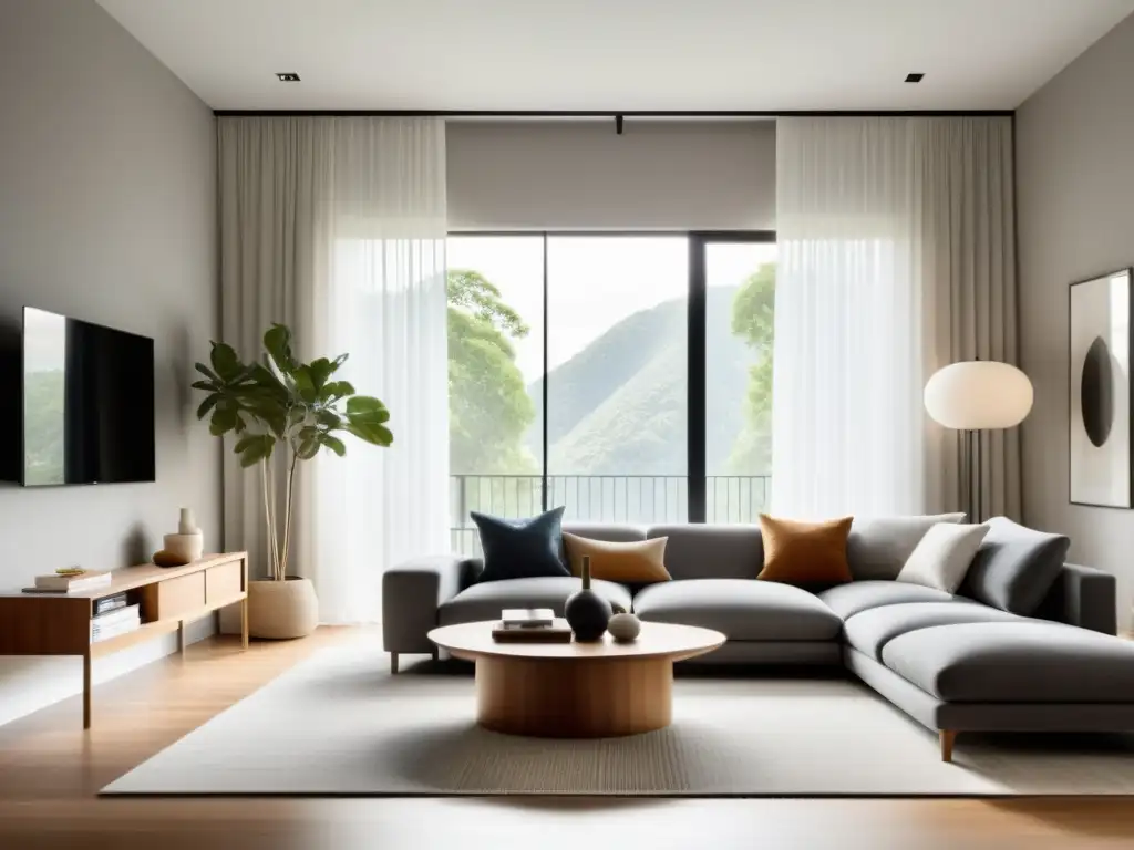 Renovación energética en apartamento pequeño con diseño Feng Shui: Sala minimalista serena con luz natural suave y armoniosa paleta de colores neutros