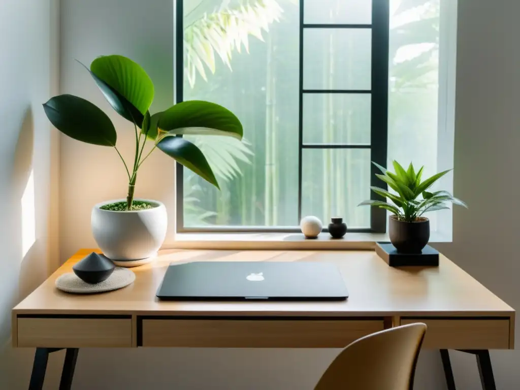 Limpieza energética con Feng Shui: Espacio minimalista, escritorio despejado, planta pequeña y luz natural