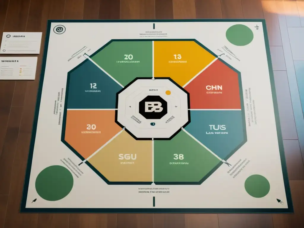 Distribución energética mapa Bagua hogar: Ilustración minimalista de mapa Bagua sobre plano de casa, colores suaves y líneas nítidas