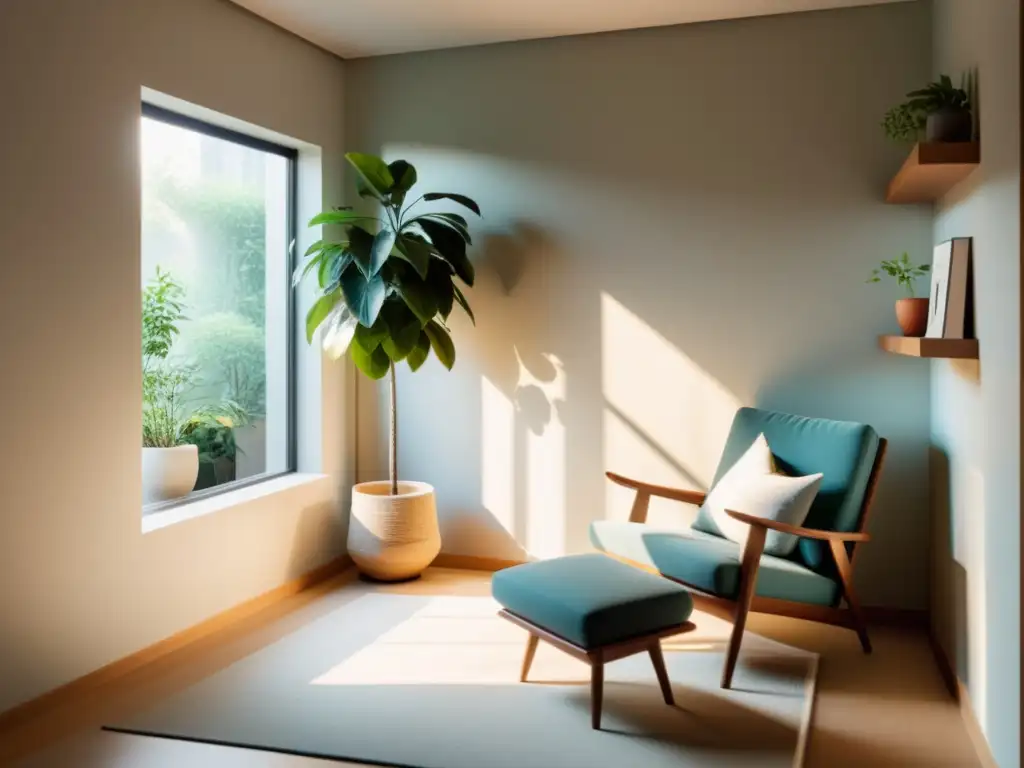 Renovación energética en un pequeño apartamento con decoración Feng Shui, ambiente tranquilo con luz natural y toques de naturaleza