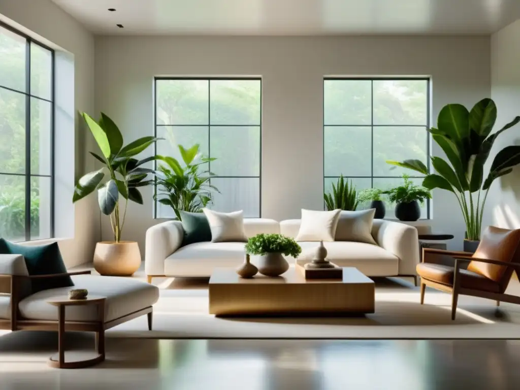 Renovación energética con Principios de Feng Shui: sala minimalista con luz natural, plantas y equilibrio en mobiliario