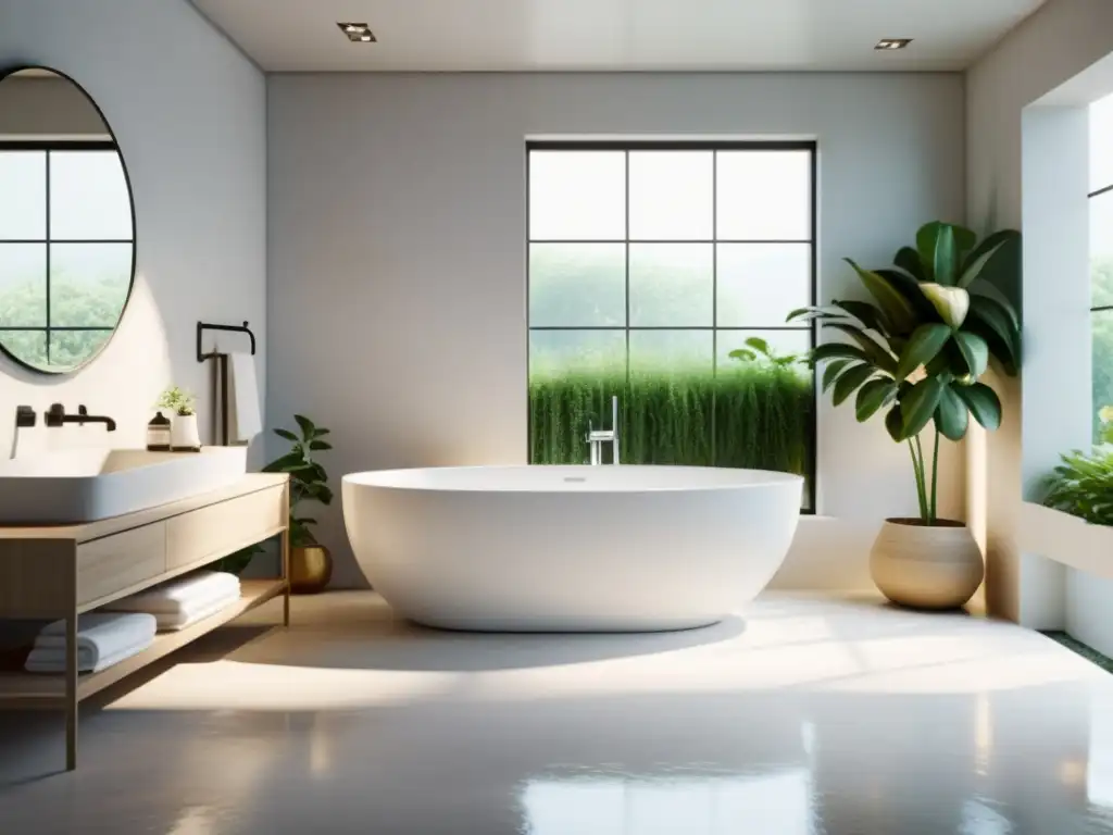 Purificar energía baño Feng Shui: Baño minimalista con luz natural, cortinas blancas, bañera moderna y plantas verdes