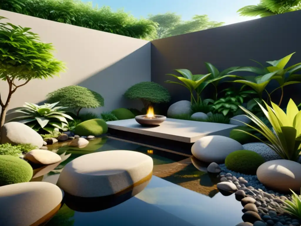 Jardín feng shui con energía positiva, rocas, agua y plantas en armonía, bañado por suave luz entre sombras