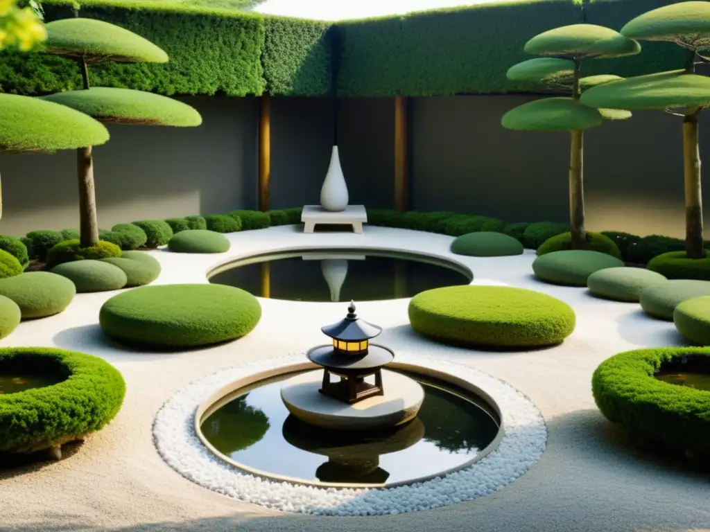 Jardín zen con enfoque holístico salud Feng Shui, simetría, armonía y tranquilidad