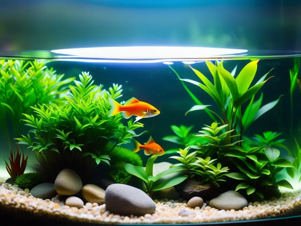 Un entorno acuático próspero y tranquilo con plantas vibrantes y peces coloridos, reflejado en un acuario