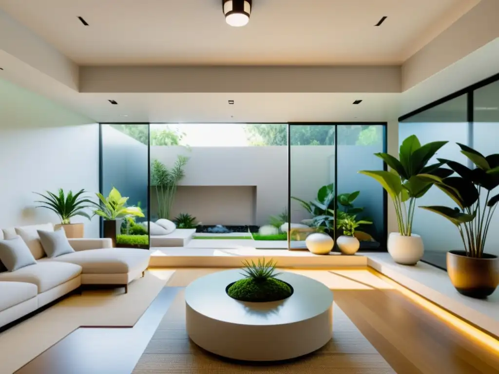 Entorno de realidad virtual con jardín interior tranquilo y elementos de feng shui