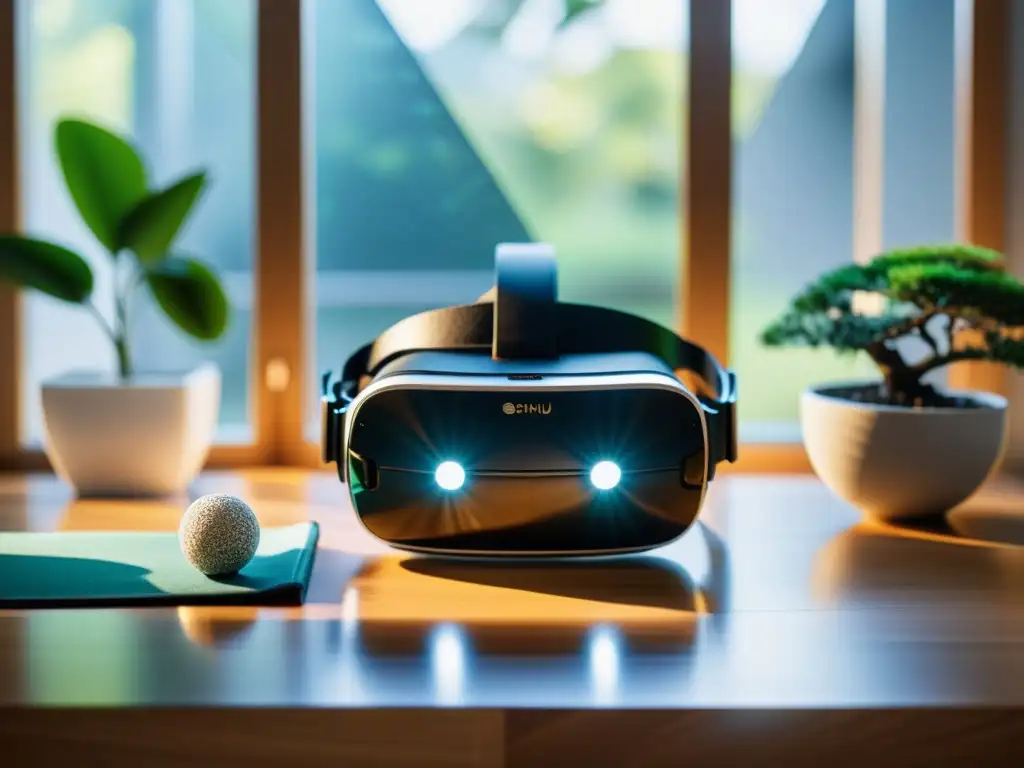 Un entorno sereno con auriculares de realidad virtual en un escritorio moderno, rodeado de elementos Feng Shui