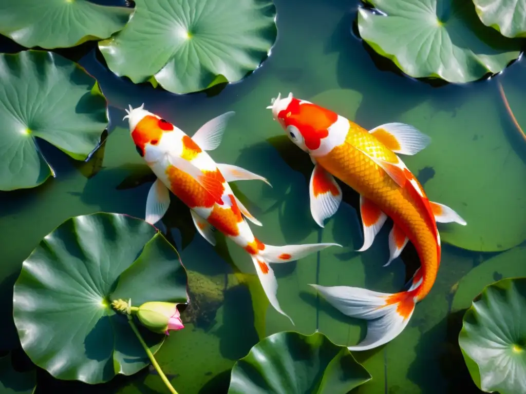 Koi elegante y vibrante en estanque sereno Un entorno sereno con una carpa koi vibrante nadando grácilmente en un estanque, rodeada de hojas verdes y flores rosadas