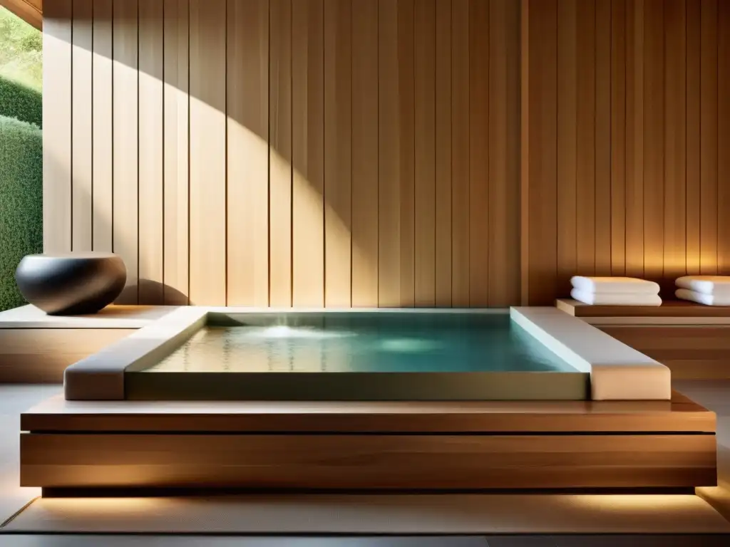 Un entorno de spa sereno con elementos sensoriales en Feng Shui: texturas táctiles y luz natural invitan a la tranquilidad