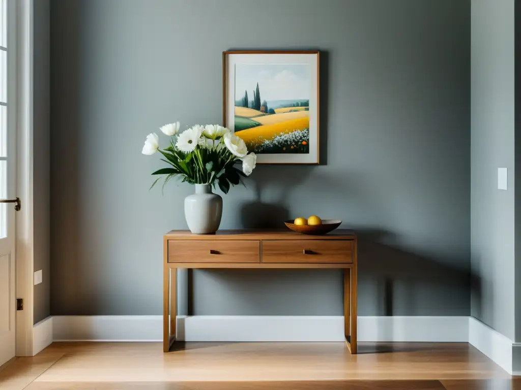 Feng Shui en la entrada: armonía y serenidad en un pasillo minimalista con una pequeña mesa de madera, flores frescas y luz natural