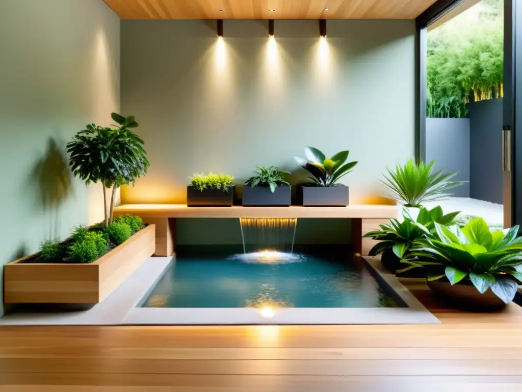 Entrada armoniosa con influencias de Feng Shui: plantas, agua y luz cálida crean un espacio sereno y equilibrado