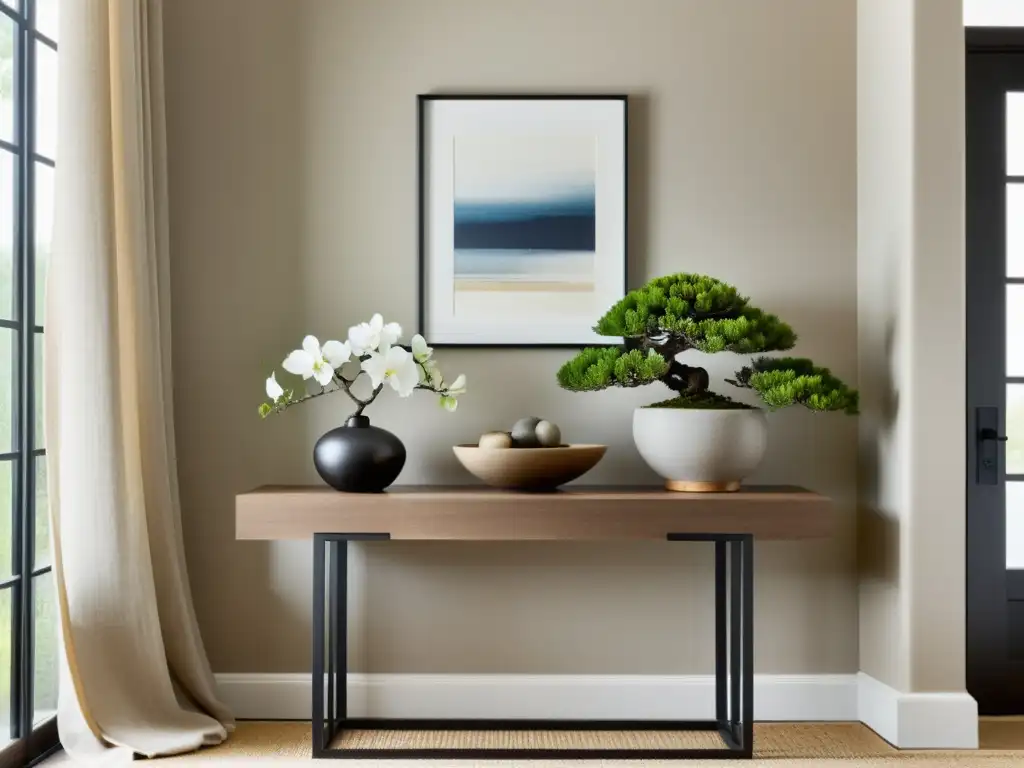 Entrada armonizada con Feng Shui: mesa minimalista con decoración cuidadosamente seleccionada, iluminación suave y atmósfera tranquila