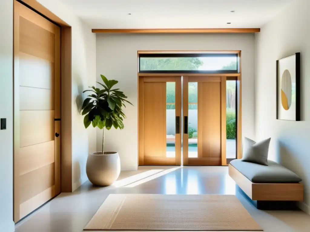 Entrada con equilibrio y armonía, optimizando la energía Feng Shui con plantas y luz natural