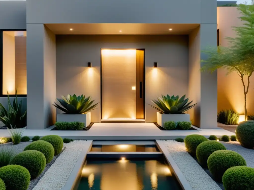 Entrada minimalista y armonizada con elementos de Feng Shui: plantas, agua, iluminación suave